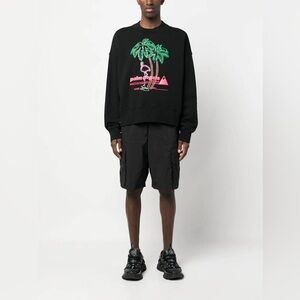 Palm Angels Black Crewneck Sweatshirt Flamingo and Palm Graphic